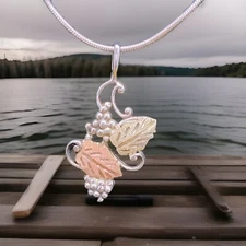 Black Hills Gold Tri-color 18” Necklace W/925, 10k & 12k Pendant Grapes/feathers