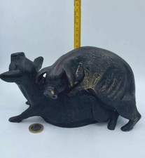 Schweine Skulptur Antik * Signiert * Metall Seltene Darstellung Tier Figur