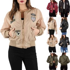 Womens Ladies Zip Up Army Badges Ma1 Classic Padded Airforce Biker Bomber Jacket