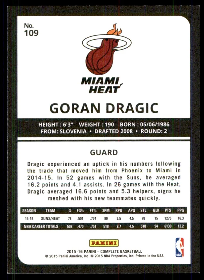 2015-16 Panini Complete! Goran Dragic Miami Heat #109 - Image 2 of 2