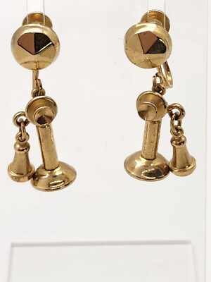 Telephone Style Earrings Vintage Gold Tone Old Time Telephone