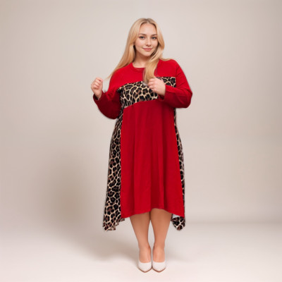 WOMENS LADIES LOOSE FITTING HANKY HEM DRESS WITH LEOPARD PANELS PLUS SIZE