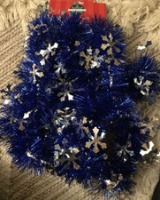 Christmas/Holiday 10 Ft Blue With White Snowflakes Tinsel Garland-NEW-SHIP 24 HR