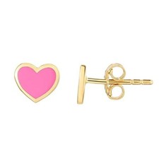 14K Yellow Gold 6x7.5mm Heart Pink Enamel Stud Earrings with Butterfly Backings