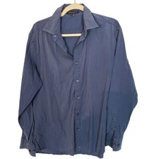 Theory Mens M Navy Blue Pinstriped Long Sleeves Button Up Dress Shirt Cotton