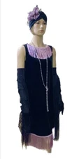 Black Lilac Fringe 1920s Great Gatsby Flapper Dress Roaring 20s & Accs M L