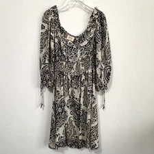 Elie Tahari Dress S Paisley Print Billow Sleeve Cream Chocolate Boho Trendy NEW
