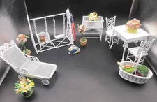 1:12 Vtg Miniature Dollhouse White Metal VICTORIAN PATIO Swing Table Flowers