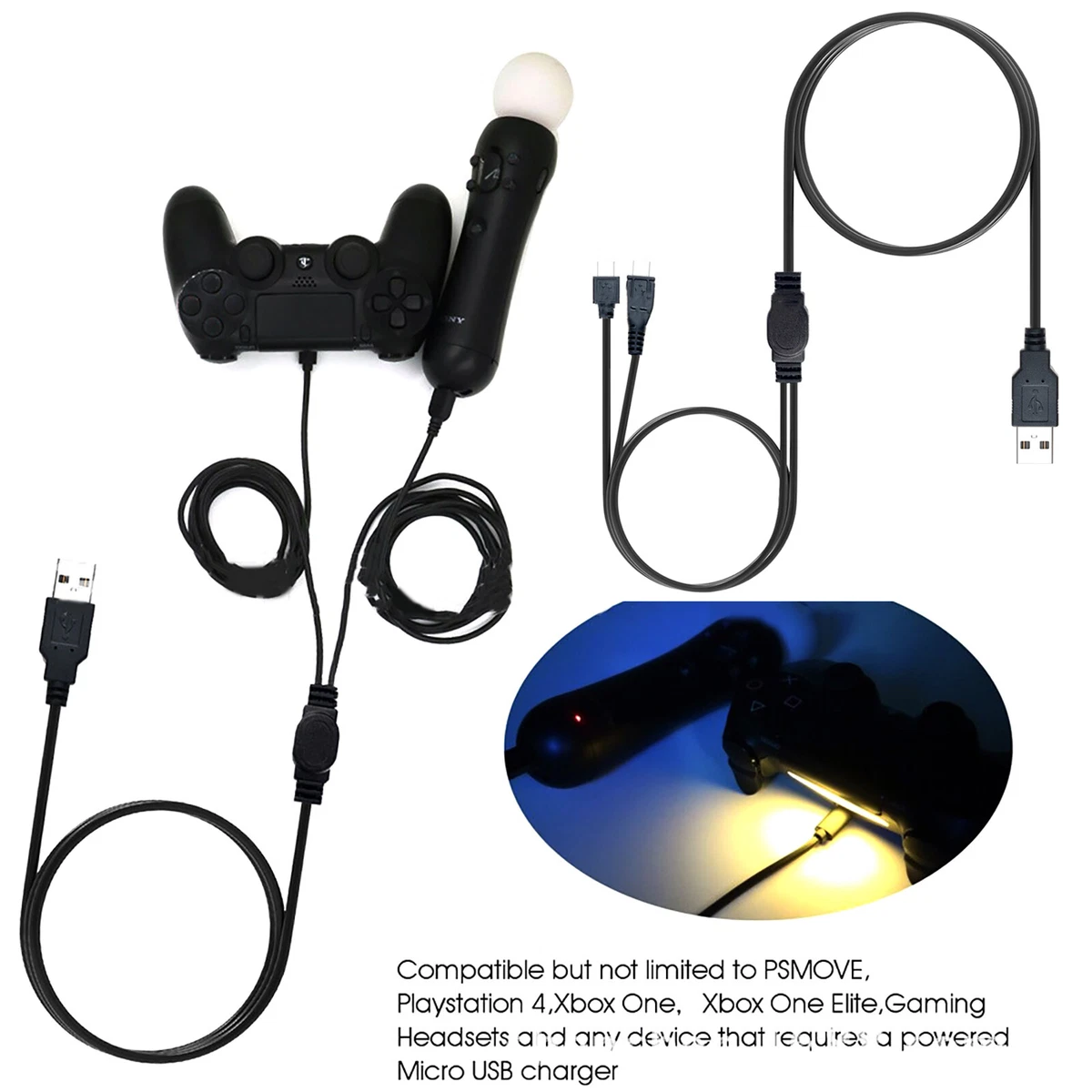 Dual USB Charging Cable for PS VR Move PS4 PSVR Xbox One Elite Gaming Headsets