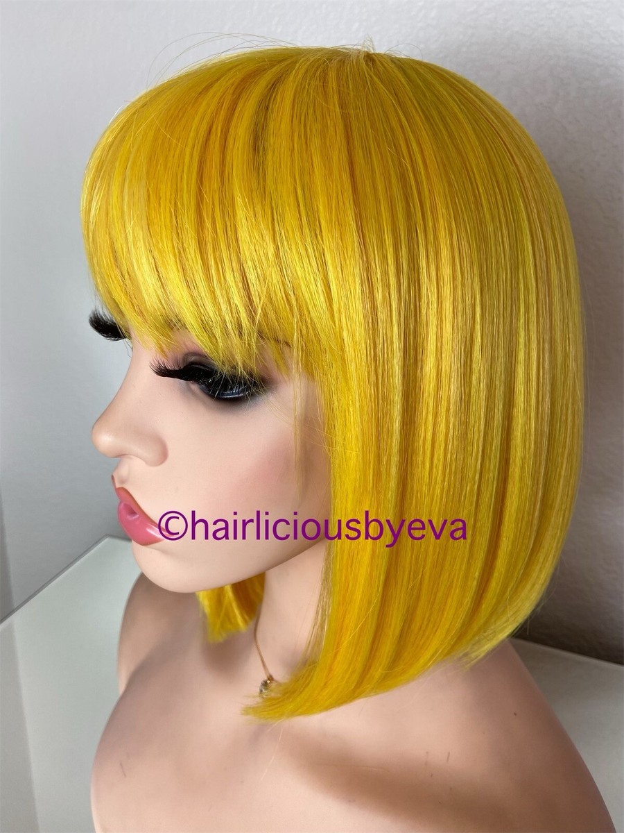 Pastel Bob Wig With Bangs Yellow Short 10 Inch Long Heat Ok  display picture 1