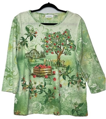IB Diffusion TShirt Women's Size L Green Apple Farm Print Knit Top Studded