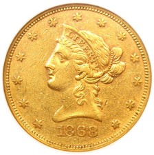 1868 Liberty Gold Eagle $10 1868-P Coin - Certified NGC AU53 - Rare Date!