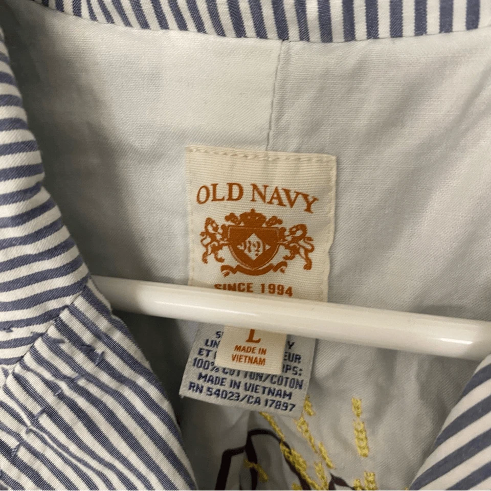 Old Navy Blue White pinstripe Seersucker Blazer one button 3/4 sleeve nautical L - Image 3 of 4