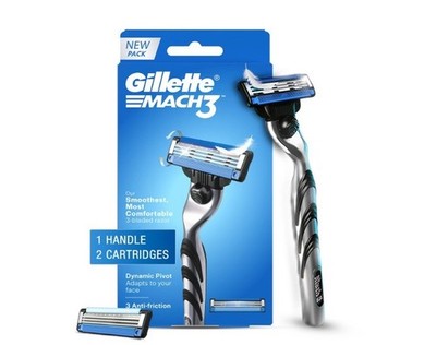Gillette Mach3 Razor Handle + 2 Cartridges 3 Blade Smooth Shave Men