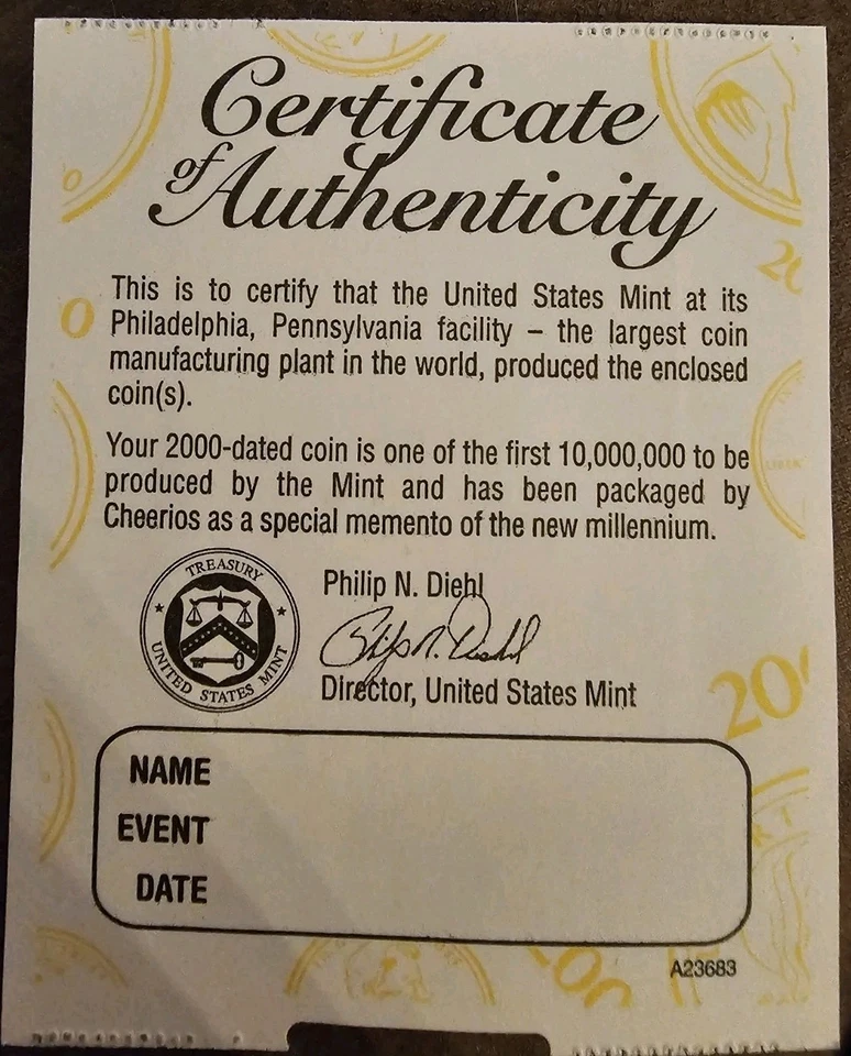 Cheerios First-Minted Year 2000 Penny Uncirculated - Image 2 of 2