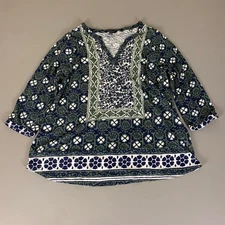 Lucky Brand Tunic Top Blouse Women's 1X Green Blue Floral Print 3/4 Sleeve