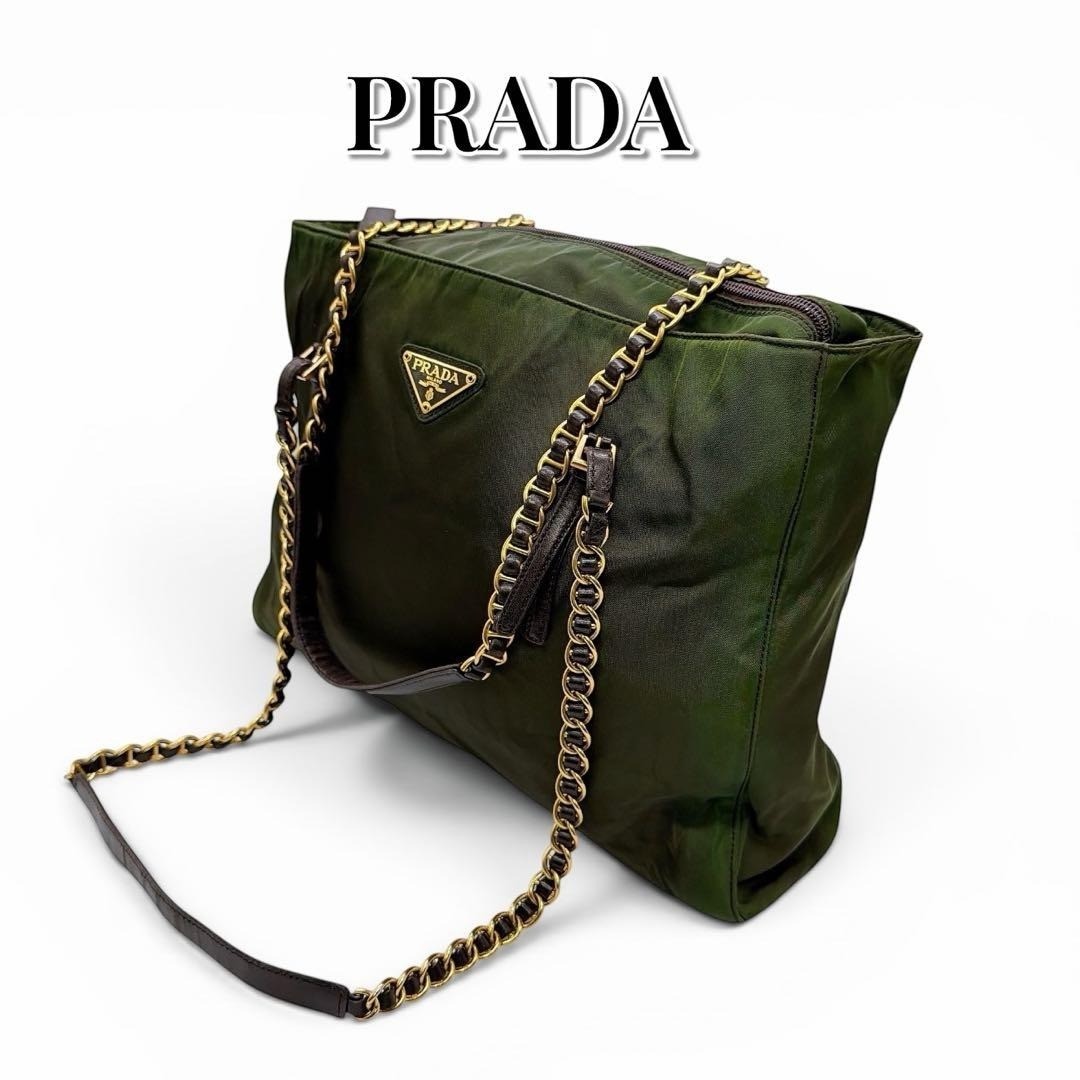 [Authentic Used] PRADA Milano Chain Tote Shoulder Bag Khaki Green Nylon Leather