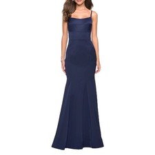 NWT La Femme Structured Jersey Trumpet Sleeveless Navy Gown 4