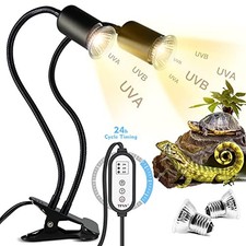 Reptile Heat Lamp Double Head Clamp UVA UVB with Timer 2 Bulbs 25W 50W