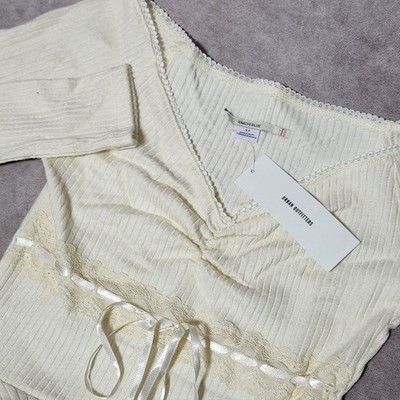 Kimchi Blue Urban Outfitters Ivory Ribbed Lace Peplum l/s Tie Top NWT Small