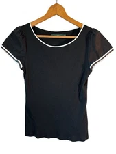 LAUREN RALPH LAUREN Ribbed Tee Top Poplin Flutter Sleeve Black White Medium Y2k