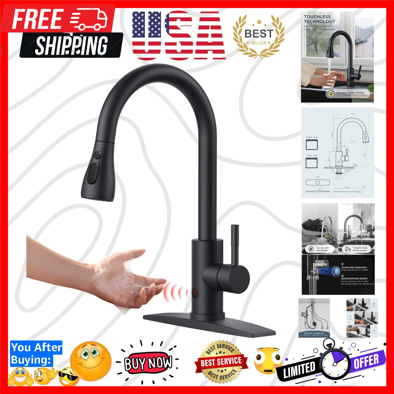 Touchless Kitchen Faucet with Pull Down Sprayer, Black Hands-Free Smart Motio...