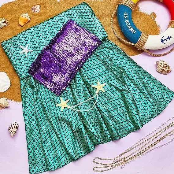 Mermaid Costume for Women 4pcs Sequin Top Skirt Pearl Chain Halloween - Image 2 of 4