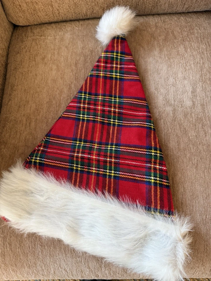 Festive Plaid Santa Claus Hat Tartan Holly Christmas Wear/ Christmas Pom Pom - Image 2 of 3