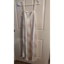 Vintage Womens Long Strappy Nightgown, Cream, Pink Roses Lace Trim, Med. Cottage