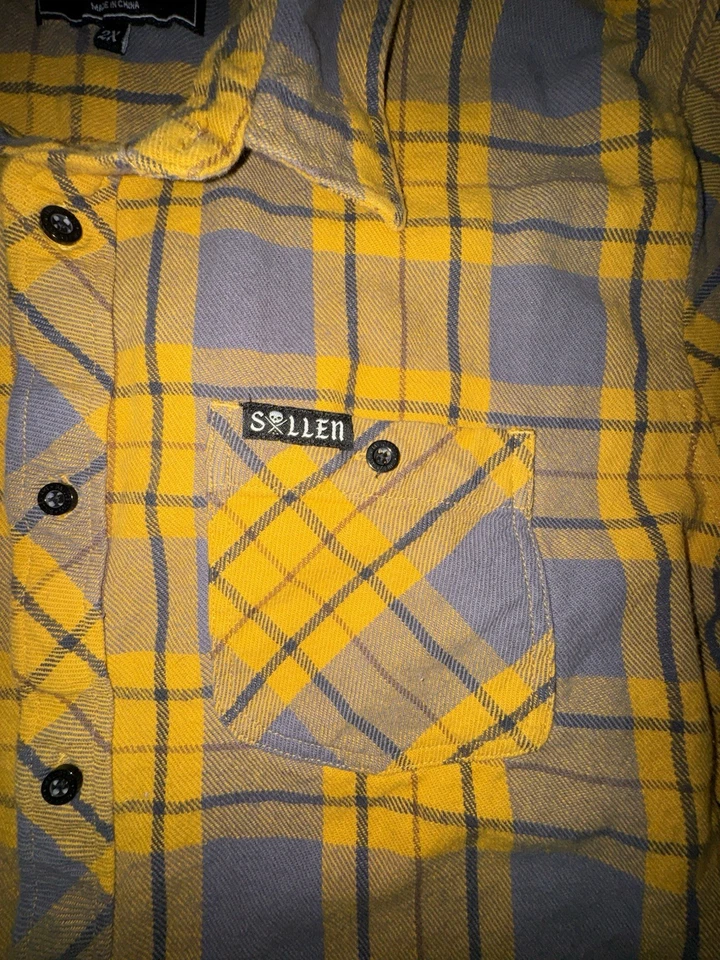 Camisa de franela Sullen Art Collective para hombre 2XL amarillo gris tatuaje peso pesado Foto 2 de 4