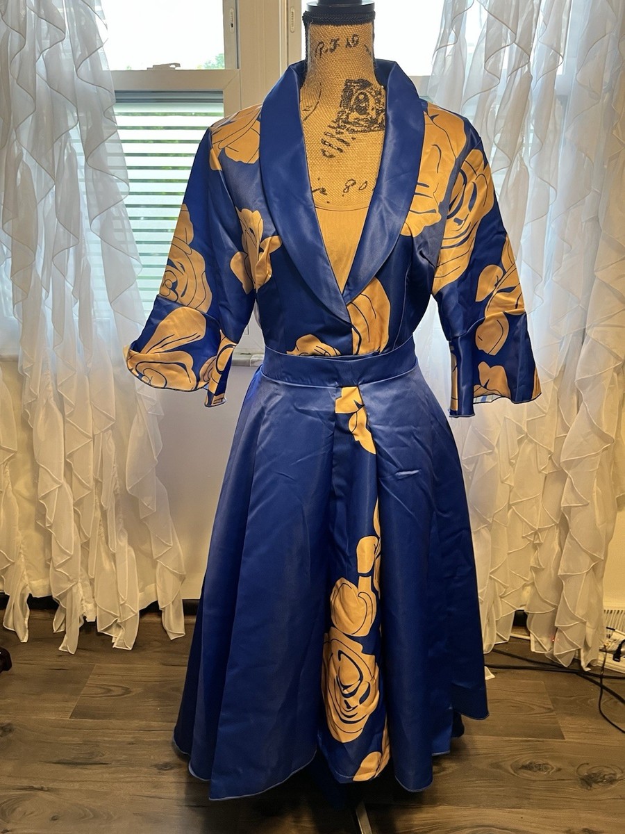 XPLUSWEAR Women's 2XL Blue Yellow Floral Maxi Dress Belted 3/4 Sleeve Polyester