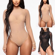 Womens Sheer Mesh Long Sleeve Leotard Top Blouse Bodysuit Lingerie Jumpsuit New