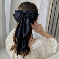 Black Satin Stylish Bow with Big Ribbon Hair Clip All Hair Types Non Slip
