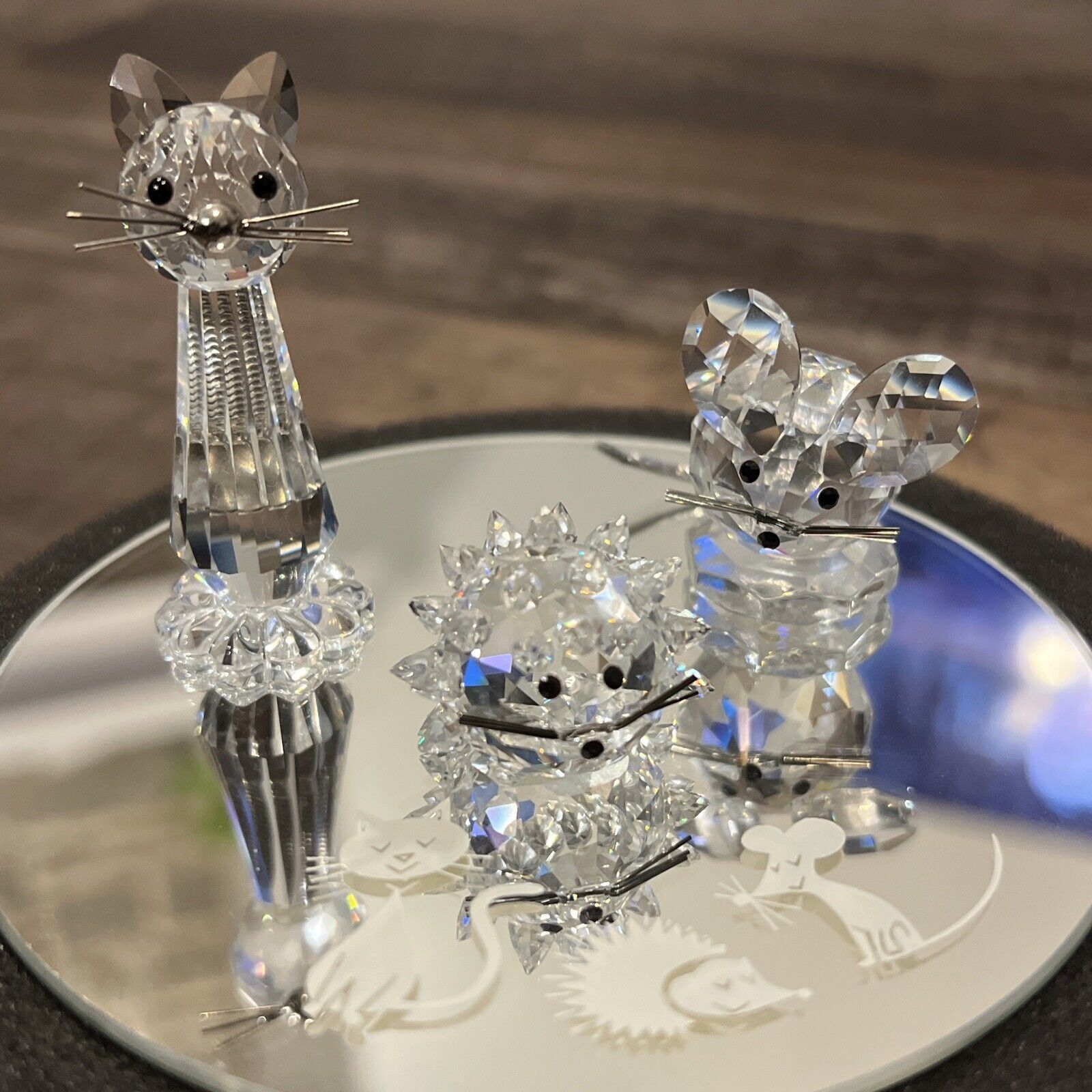 Swarovski Crystal Figurine: 3 Piece Set W/ Cat, Mouse, and Hedgehog on Mirror