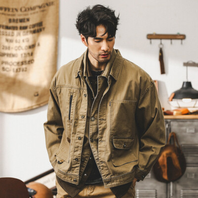 Vintage Fishbone Cargo Jacket Men Fall Hiking Jacket Spring Autumn coat