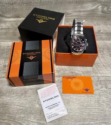 Stuhrling Original Watch Men 42mm Quartz Chronograph Black Dial Silver Tone New