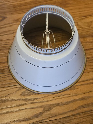 MCM Painted Lamp Shade Beige Off White Metal Pierced Brass Crown Trim 10"x 5.75h - Picture 3 of 5