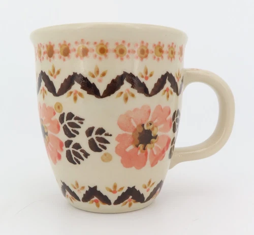 Boleslawiec Unikat Polish Pottery Mug Coffee Cup Floral Pattern Brown Pink 10 oz