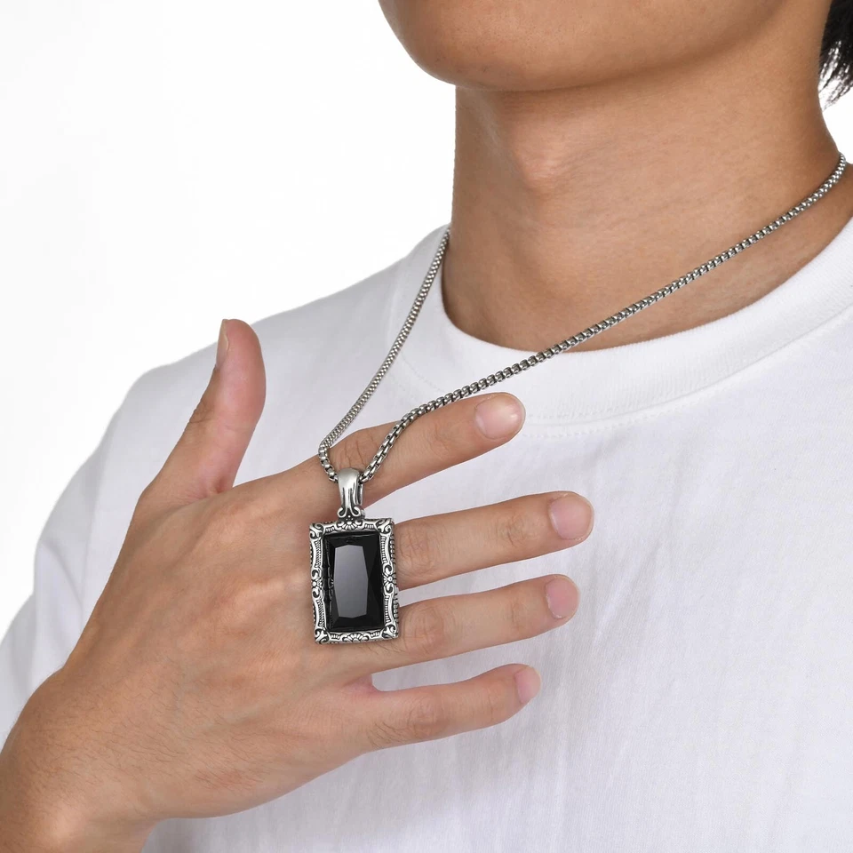 Vnox Mens Black Square Stone Necklaces Stainless Steel Hip Hop Geometric Pendant - Image 3 of 4