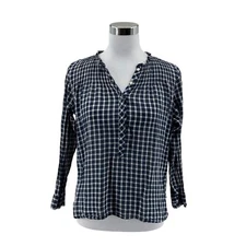 J.CREW Blouse Top Womens 4P Navy Gingham Pleated Ruffle Trim Popover Tulip Hem
