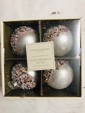 Set 4 Christian Siriano Silver Gold Beaded Embellished Glass Ball Ornaments 4  