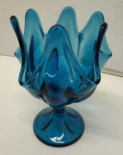 MCM Blue Viking Swung Glass Handkerchief 6 Finger Petal Dish Vintage