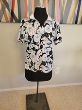 Vintage Lily's Of Beverly Hills Black White Blue Floral Pattern Polo Shirt S/M