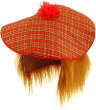 SCOTTISH TARTAN HAT WITH GINGER HAIR Stag Night Adult Mens Fancy Dress Wig