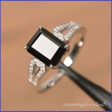 2.54CT Emerald Cut Real Black Onyx Engagement Wedding Ring 14K White Gold Finish