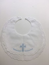 Christening Linen Bib Cross Baby Blue Heirloom Embroidered