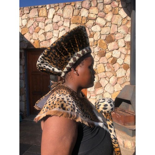 Leopard Print Zulu Isicholo Hat,Beaded Chestguard 90cm Knobkerrie Set for Women - Picture 13 of 15