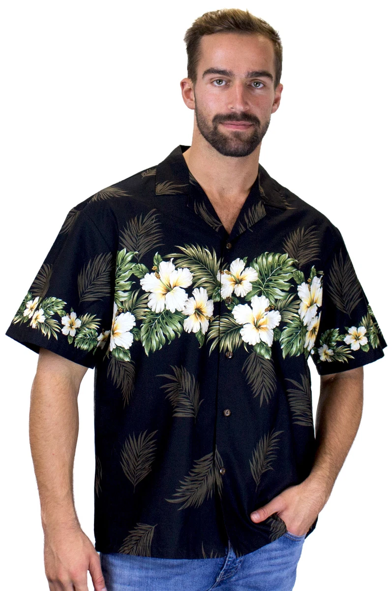 KY's Original Camisa Hawaiana Hibisco Amarillo Impresión en el Pecho Negro