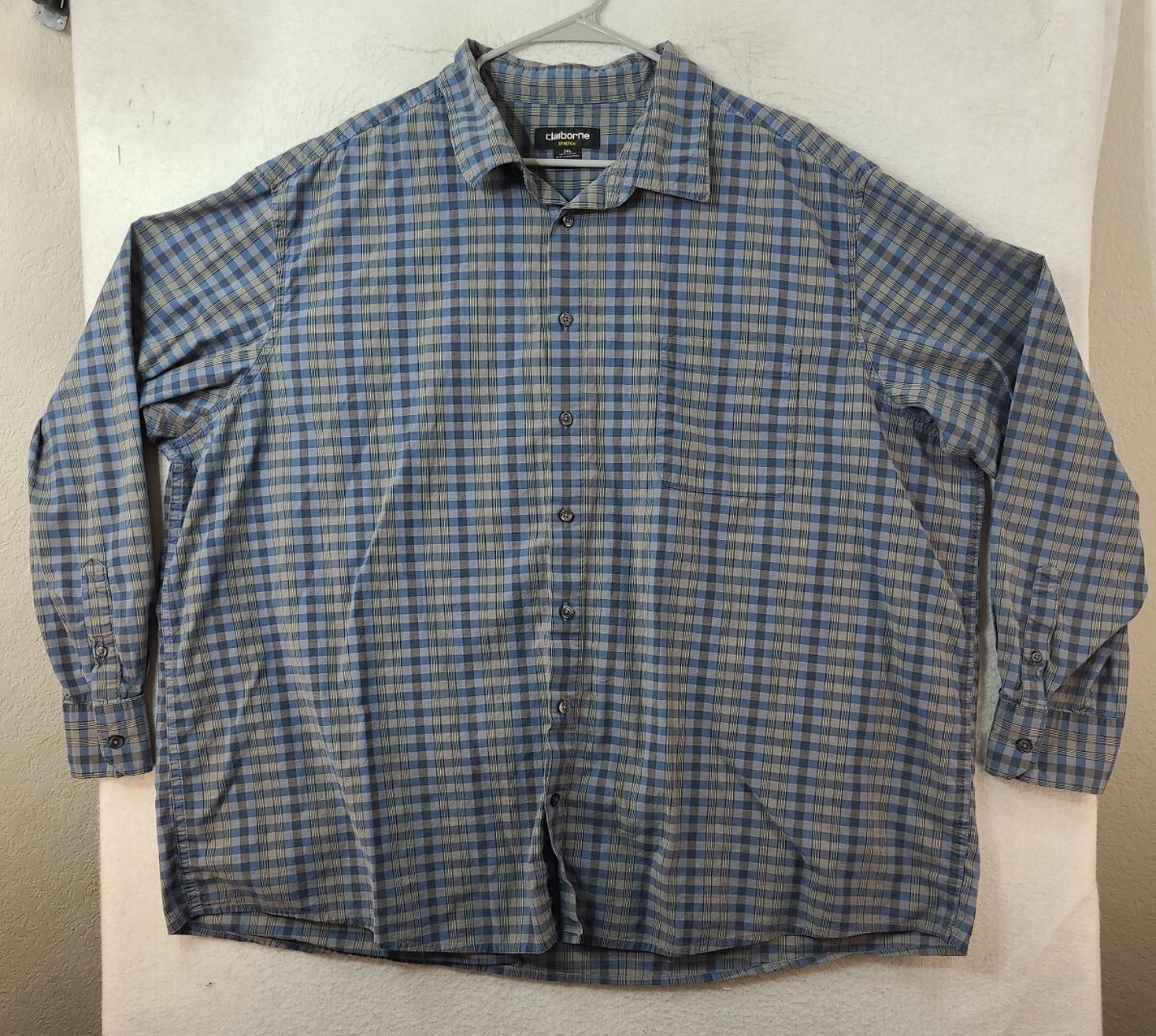Claiborne Mens 3XL Blue Plaid Stretch Long Sleeve Button Up Shirt