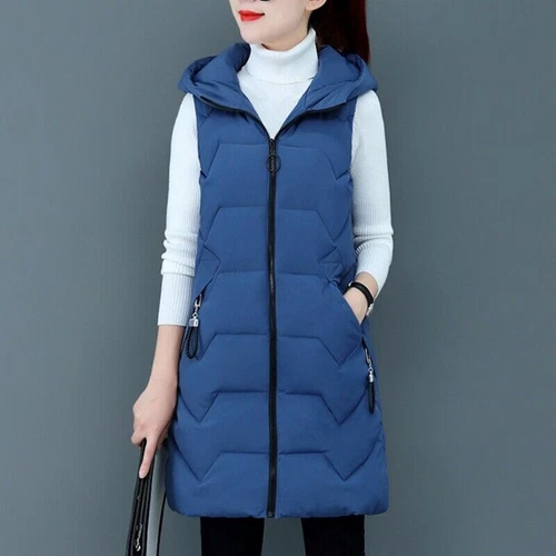Womens Vest Hooded Down Cotton Warm Waistcoat Long Jacket Sleeveless Coat - Foto 2 di 19